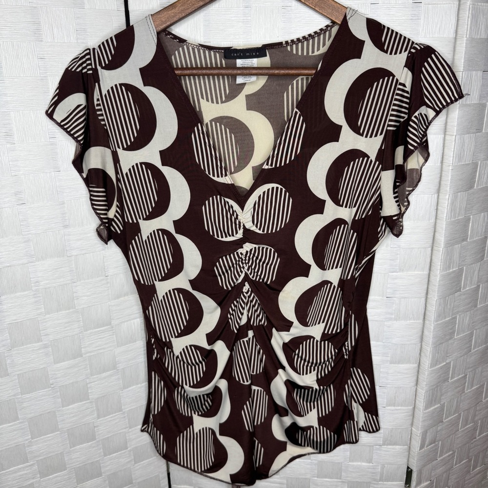 Y2K Womens Brown Geometric Circle Print Ruched Flutter Sleeve L USA